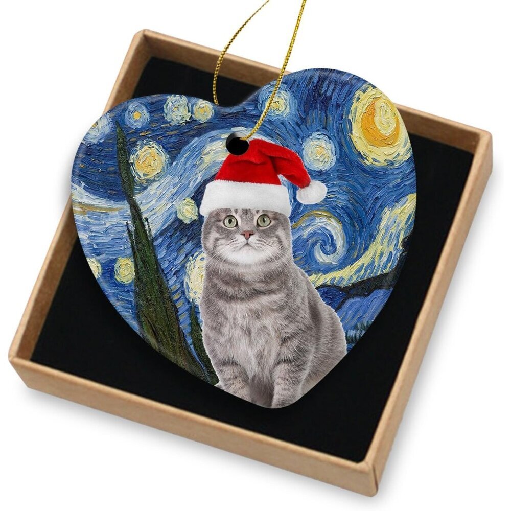 🆕 Cat Christmas Ornament Lover Decorations Ceramic Tree Tabby Xmas Hat Gifts